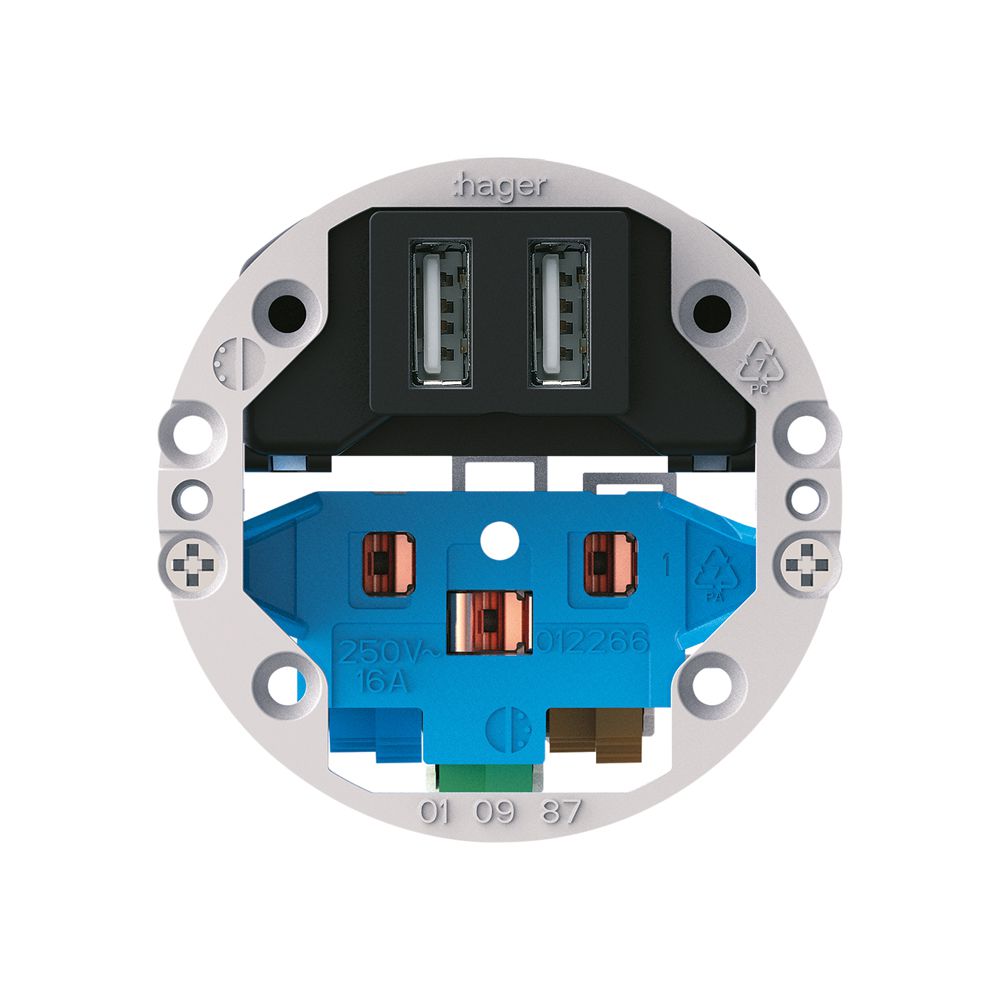 Einsatz zu Steckdose 2×USB & T13/23 Hager Bauart E 2400mA