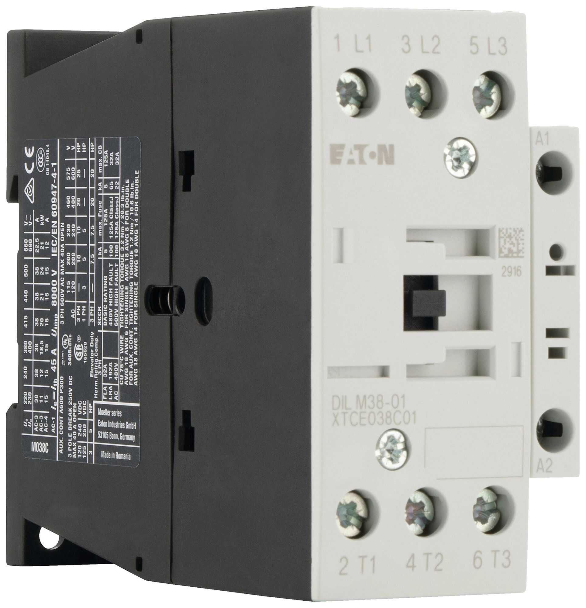 Contattore di potenza Eaton DILM38-01 24…27V DC 3NO 45A 38A 18.5kW 7kW 24…690V