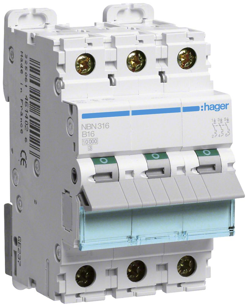 Leitungsschutzschalter Hager MCB 3P 415V Typ B 16A Icn 10kA 3TE