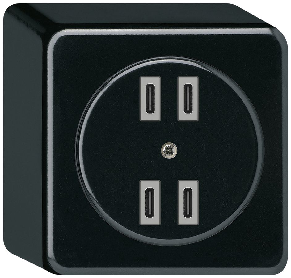 AP-USB-Ladesteckdose Hager basico 2×C-C 2×20W oder 4×10W 5V 86×86mm schwarz
