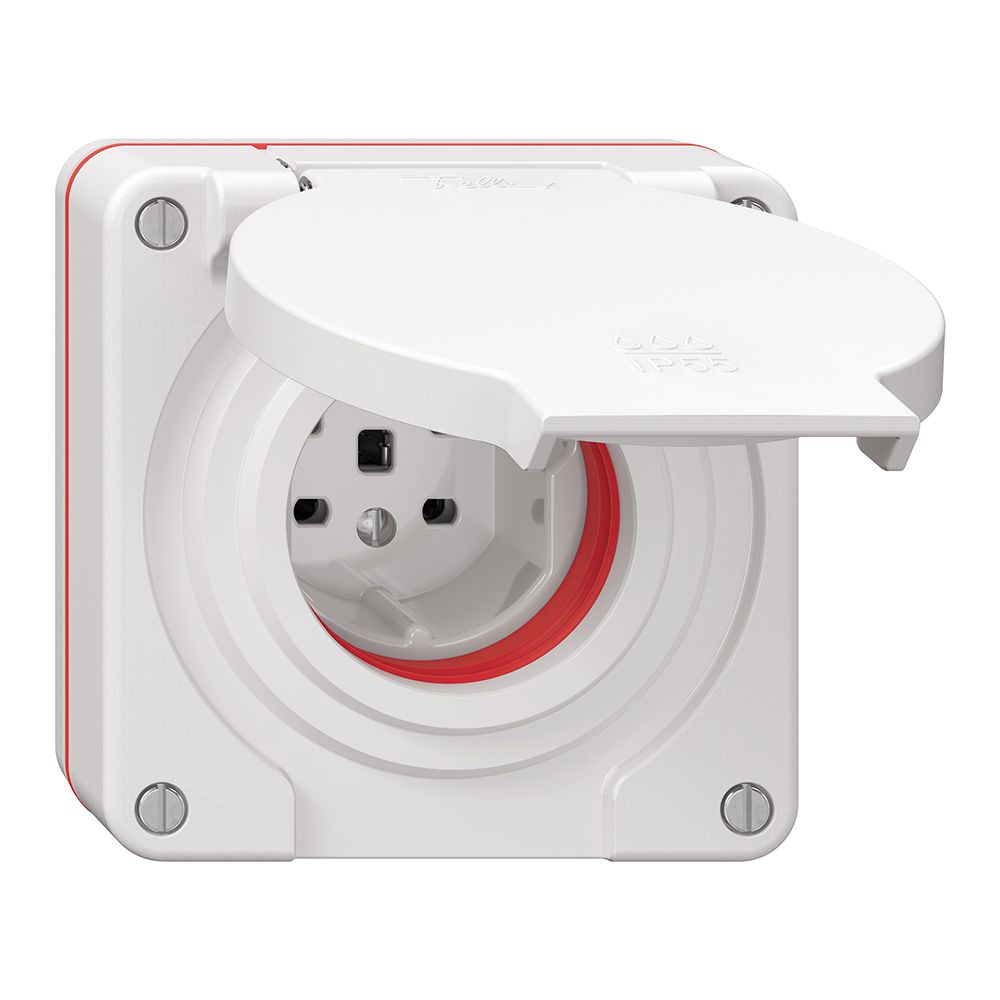 NUP-Steckdose NEVO, 1×T25, IP55 gemäss SN 441011, m.roter Dichtung, weiss