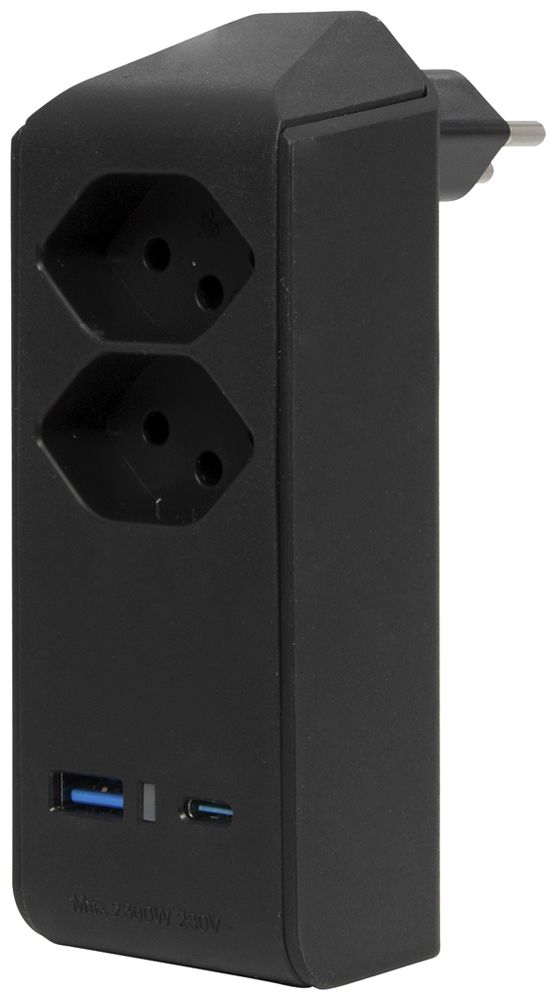 Fiche de dérivation cleverLINE 2×T13 1×USB-A 1×USB-C 300° sans suspension noir