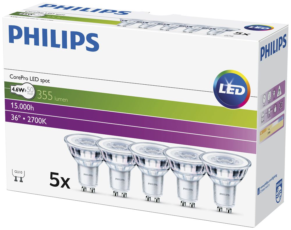 Lampada LED CorePro Spot GU10 4.6…50W 230V 827 355lm, 36°, 5 pezzi