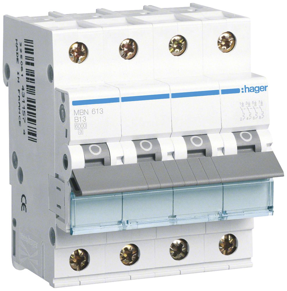 Leitungsschutzschalter Hager MCB 4P 415V Typ B 13A Icn 6kA 4TE