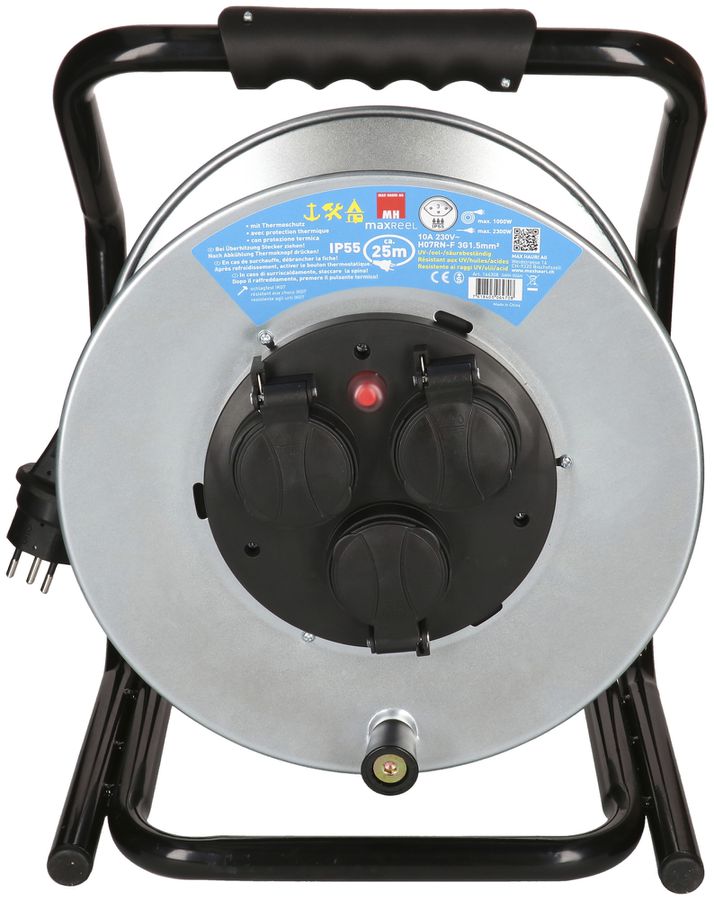 Kabelrolle MAX HAURI Stahl 230V 10A 3×T13 25m 3×1.5mm² IP55 silber