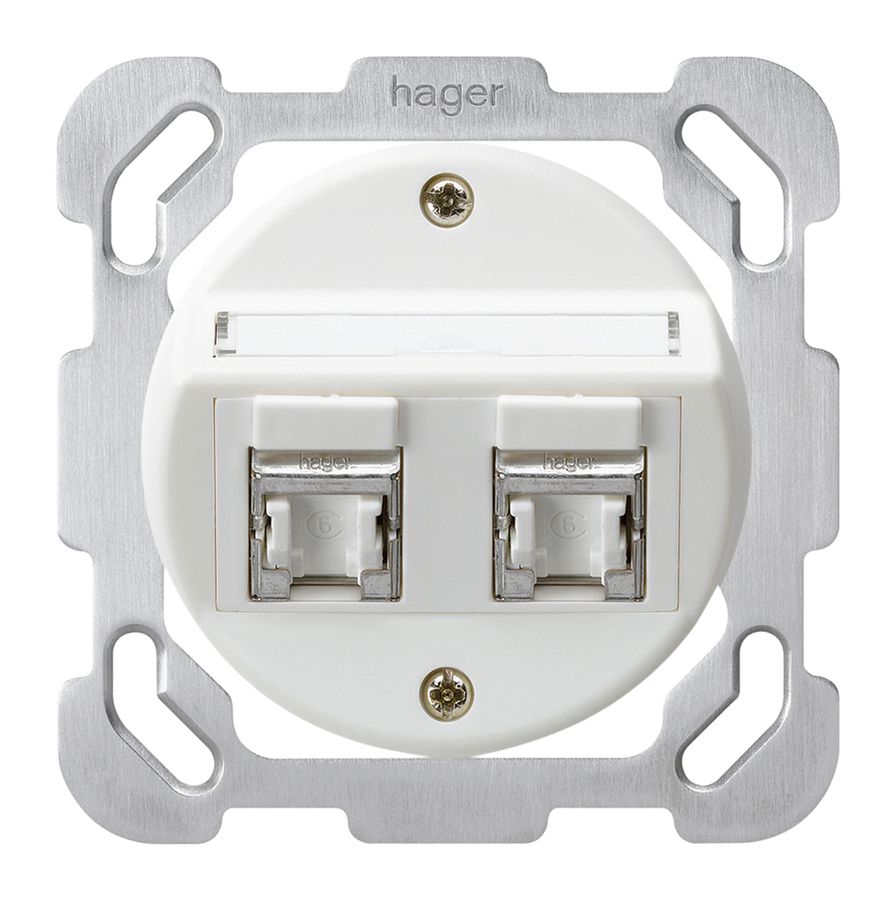UP-Einsatz basico B Kat.6 2×RJ45/s mit Befestigungsplatte Schrägauslass weiss