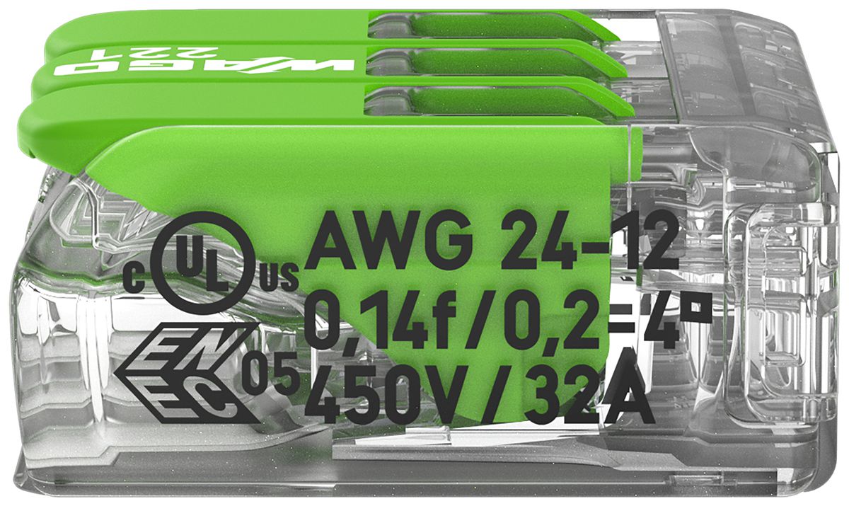 Morsetto per scatola WAGO 221-423 con leva in box 50×3L 0.2…4mm² 32A 450V ve