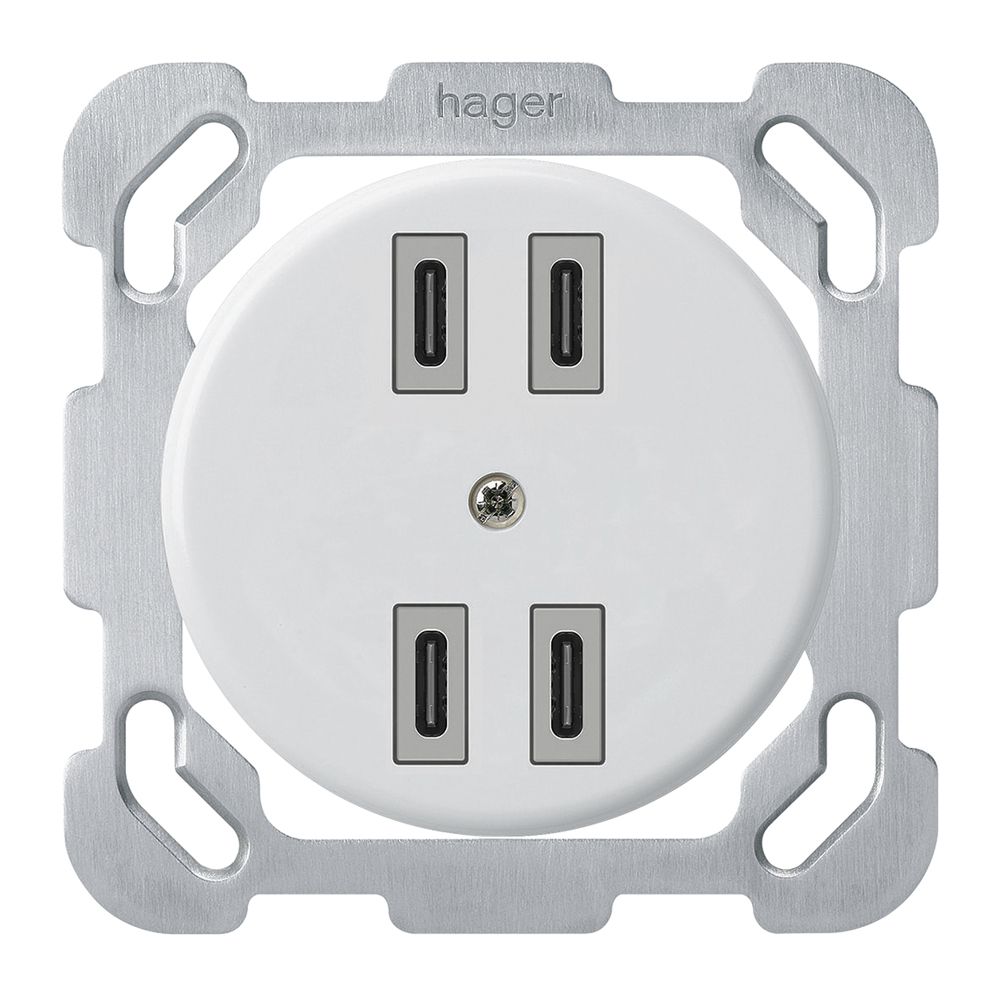 UP-USB-Ladesteckdose Hager basico 2×C-C 2×20W oder 4×10W 5V 77×77mm weiss