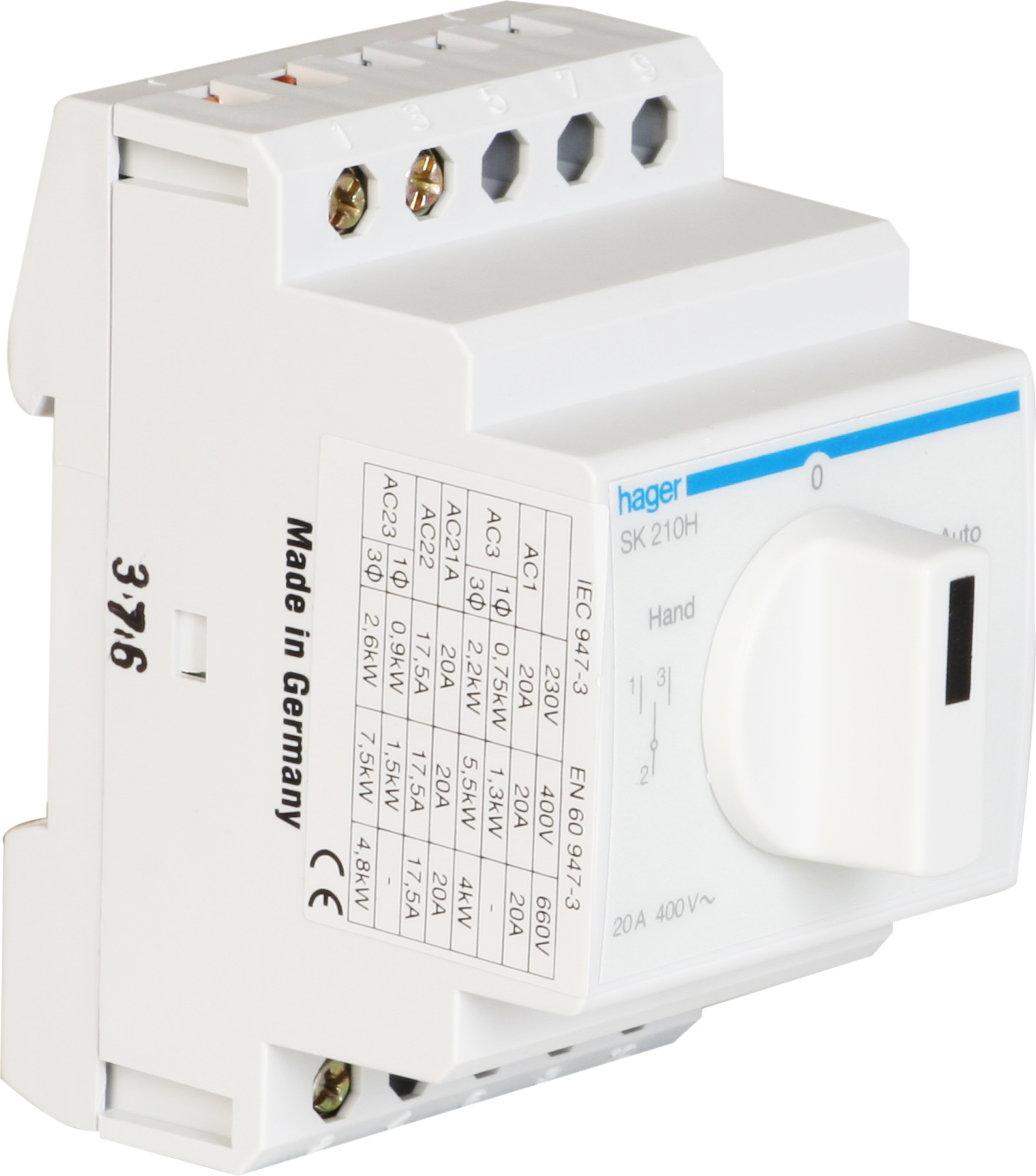 REG-Drehschalter Hager 20A 400V 0 Schliesser 0 Öffner 1 Wechsler 3TE Hand-0-Auto