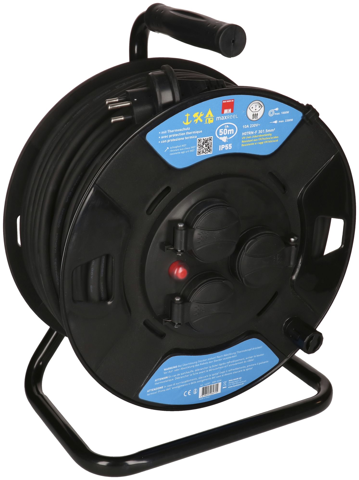 Enrouleur de câble MAX HAURI matière synth.230V 10A 3×T13 50m 3×1.5mm² IP55 noir