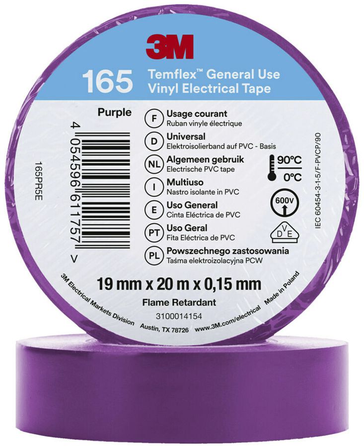 Ruban isolant 3M Temflex 165 19mm×20m×0.15mm violet VDE 600V 0…90°C