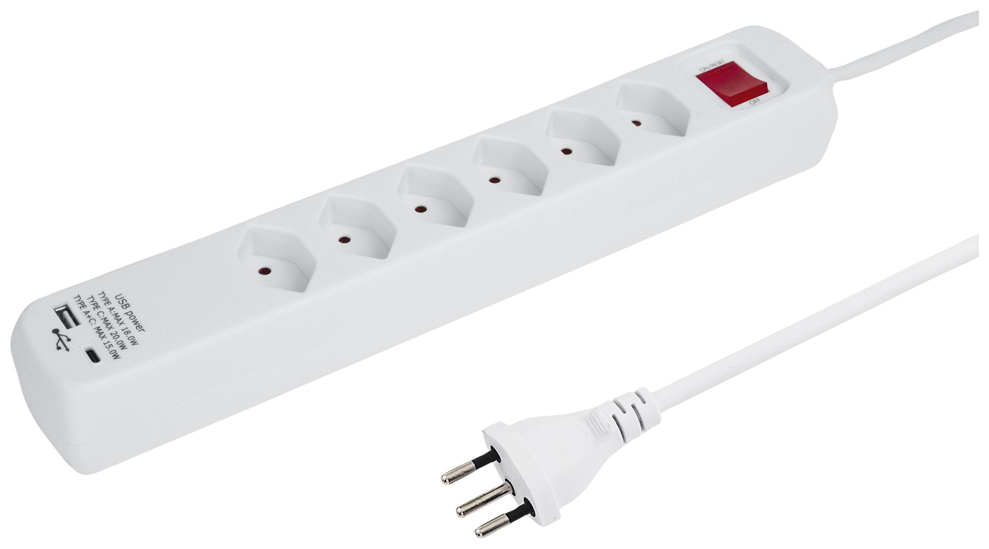 Prise multiple POWER EASY 6×T13 1×USB-A 1×USB-C avec interrupteur 1.5m blanc