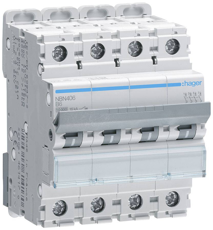 Leitungsschutzschalter Hager MCB 4P 415V Typ B 6A Icn 10kA Icu 15 kA 4TE