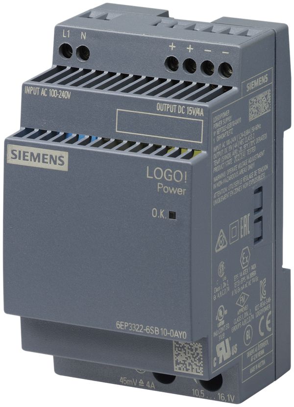 Stromversorgung Siemens LOGO!POWER, IN:100…240VAC, OUT:15VDC/4A, 3TE