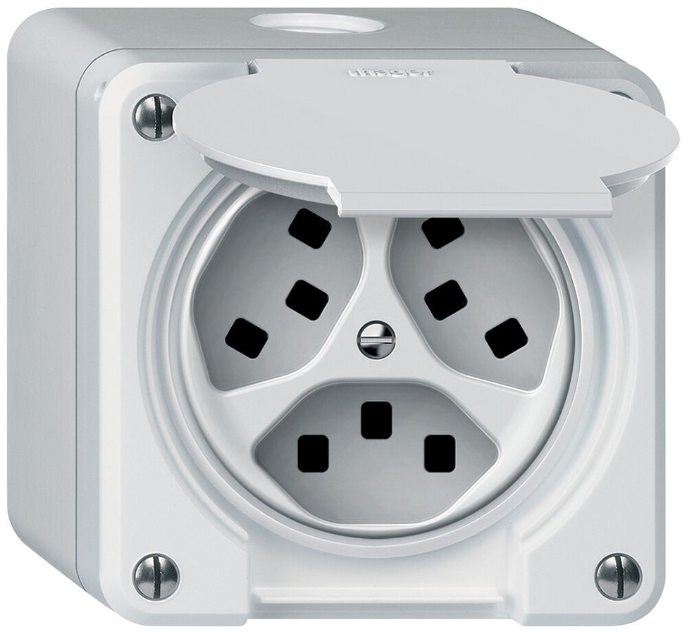 AP-Steckdose robusto 3×T23 16A 250V 86×86mm IP21 weiss