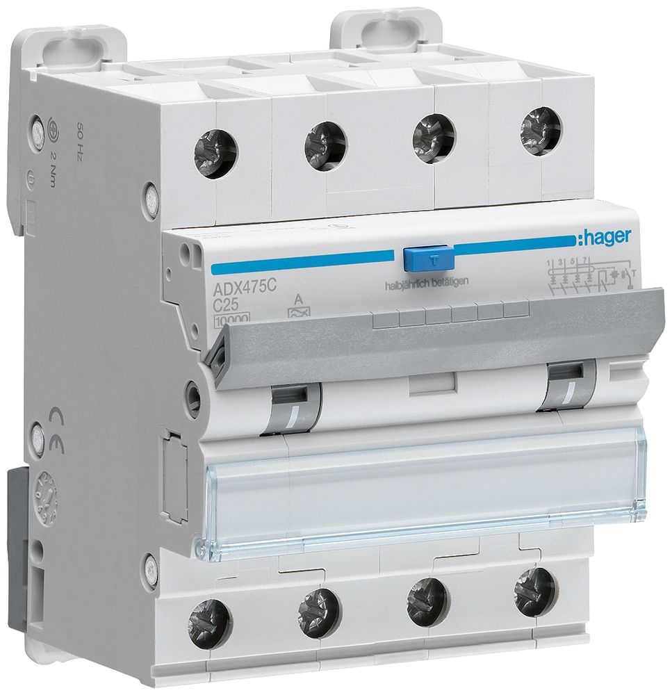 FI/LS-Schalter Hager RCBO 4P 400V Charakteristik C 25A 0.03A Typ A 10kA 4TE