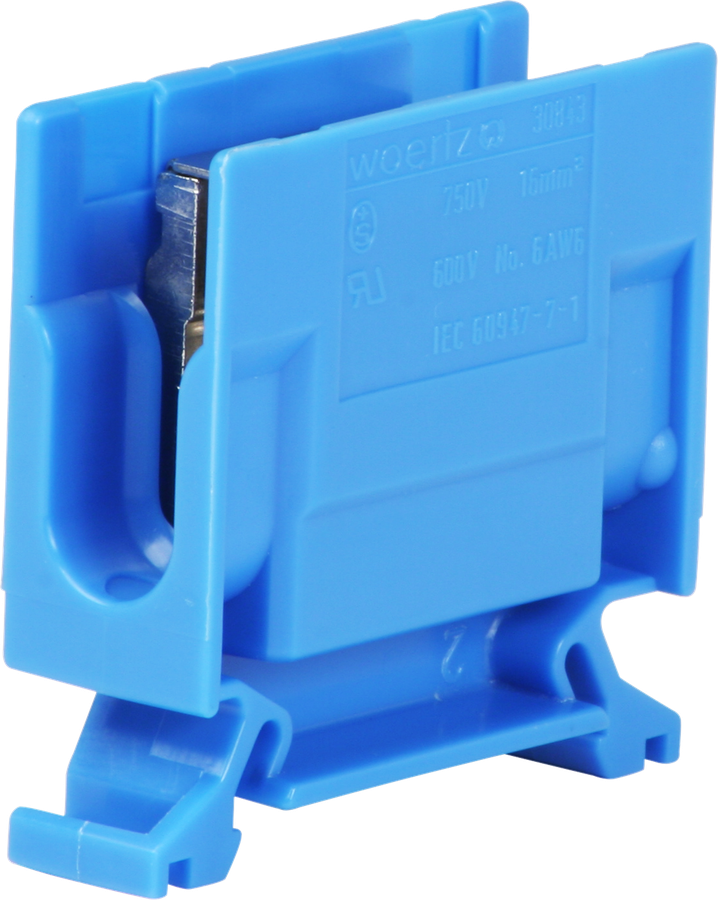 Abzweigklemme Woertz 6…16mm² 76A 750V Schraubanschluss 2×1 TH35 blau