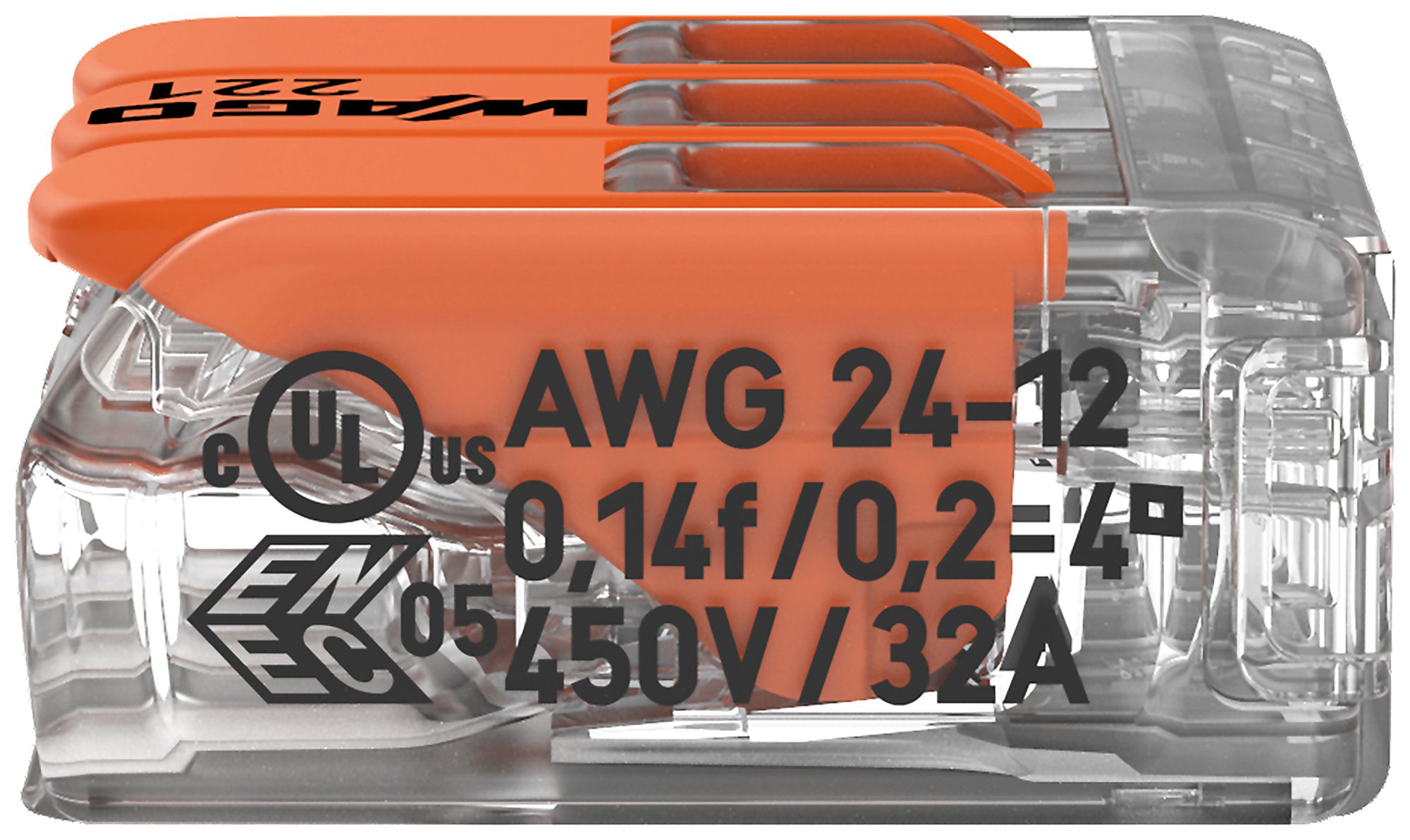 Morsetto di connessione WAGO 221 3×0.2…4mm² leva 32A 450V arancione trasparente