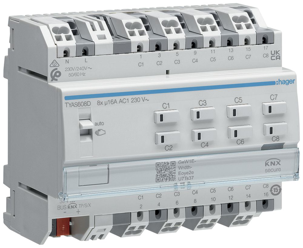 Attuatore-commutatore/persiana KNX AMD Hager TYAS608D, 8/4-volte, 16A/230VAC