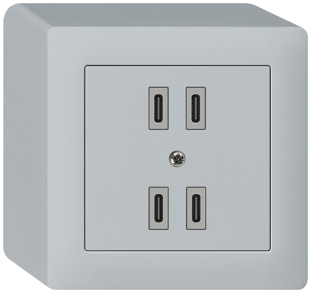 AP-USB-Ladesteckdose Hager kallysto 2×C-C 2×20W oder 4×10W 5V 86×86mm grau