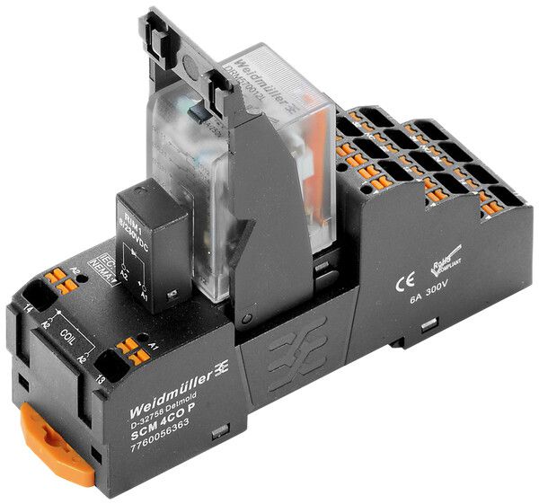 Accoppiatore relè WM 24VDC LED ve diodo flyback 4 contatto inv.250VAC 5A PUSH IN
