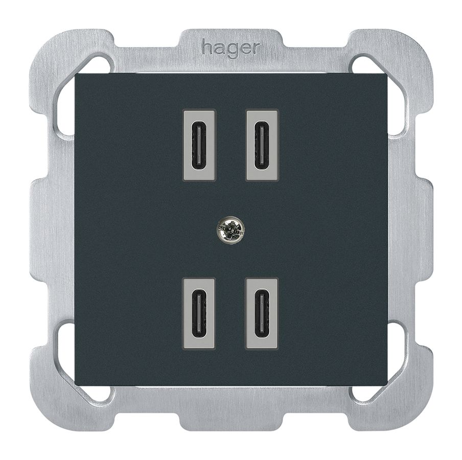 UP-USB-Ladesteckdose Hager kallysto 2×C-C 2×20W oder 4×10W 5V 77×77mm schwarz