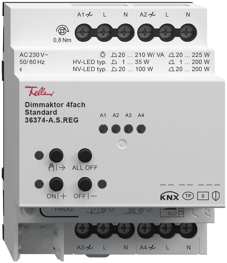 REG-Dimmaktor 4-fach Standard, 6mA, Schaltleistung max.855W, 4TE