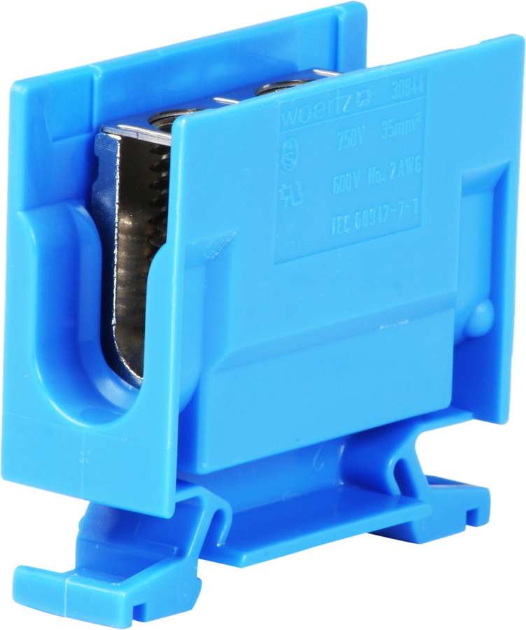 Abzweigklemme Woertz 16…35mm² 125A 750V Schraubanschluss 2×1 TH35 blau