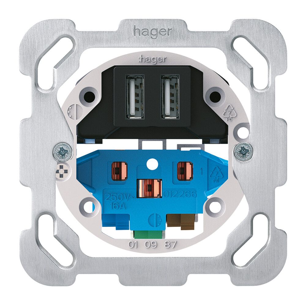 Einsatz zu UP-Steckdose 2×USB & T13/23 Hager Bauart F 2400mA