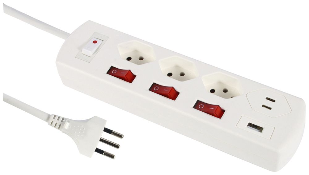 Prise multiple 10A a.interrupteur EN/HORS 3×T13 1×USB-A 2×USB-C blanc