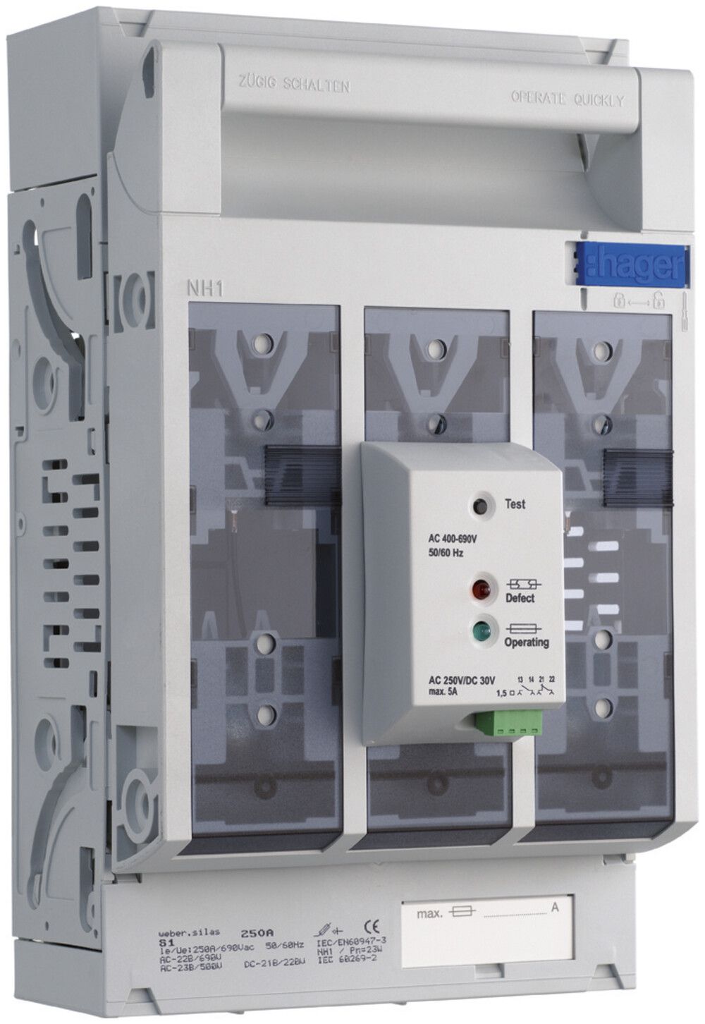 Coupe-circuit HPC weber.silas DIN1 690VAC 250A saillie/profilé ht/bs cont.fusib.