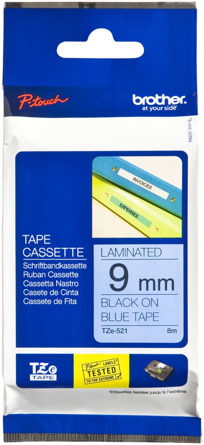 Cassette ruban Brother TZe-521 9mm×8m, bleu/noir