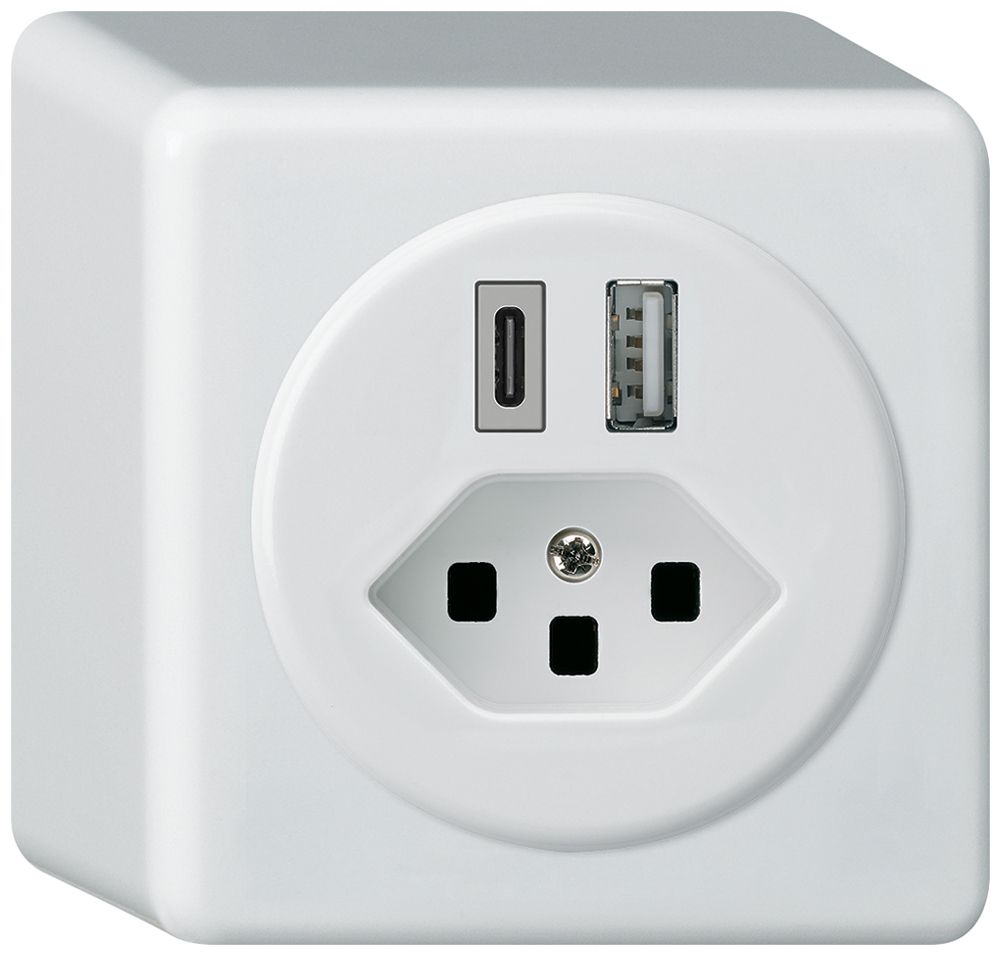 AP-USB-Ladesteckdose basico 18W PD 1×Typ A 1×Typ C Typ 23 mit AP-Gehäuse weiss