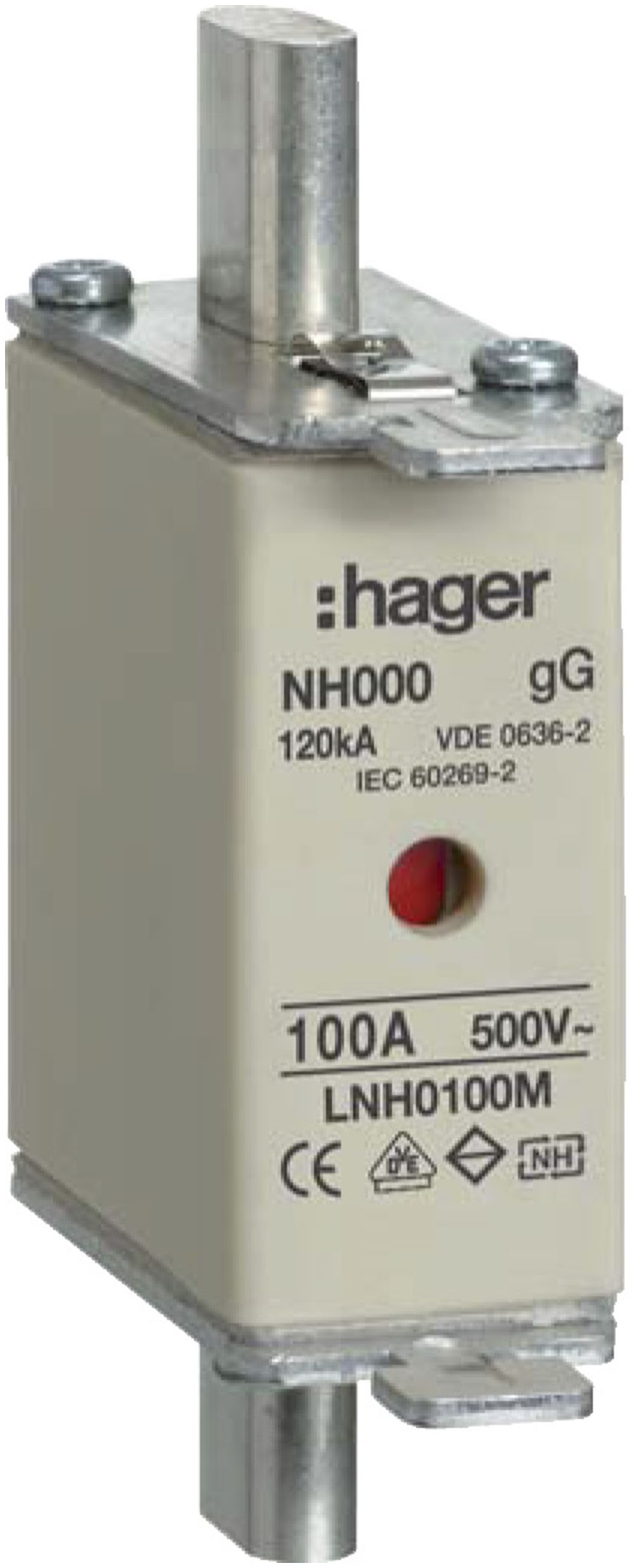 Fusible HPC Hager DIN000 500VAC 100A gG/gL avertisseur double antirouille