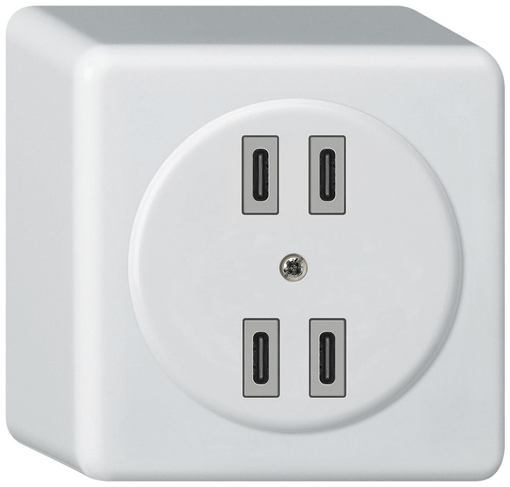 AP-USB-Ladesteckdose Hager basico 2×C-C 2×20W oder 4×10W 5V 86×86mm weiss