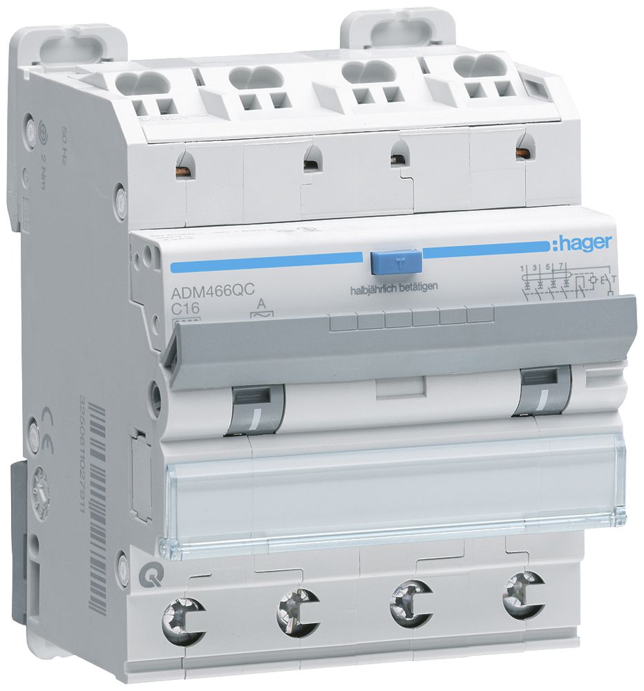 FI/LS-Schalter Hager RCBO QC 4P 400V Char.C 16A 0.03A Typ A 6kA 4TE