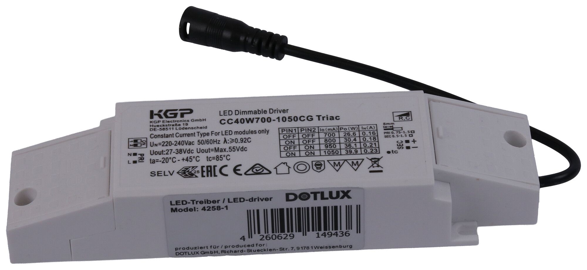 LED-Konverter DOTLUX IP20 27…40W 27…38V 700…1050mA DIM