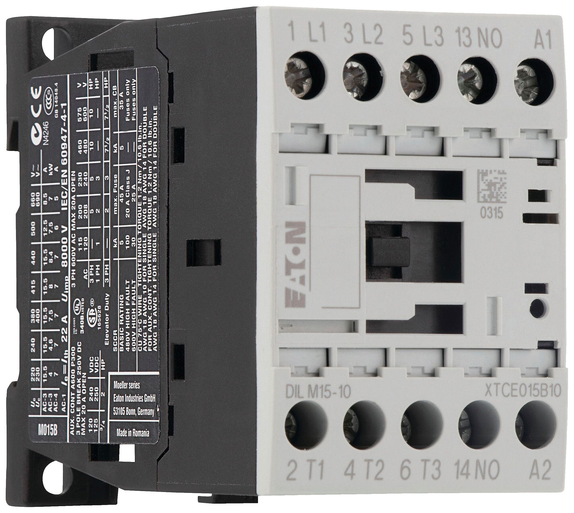 Contacteur de puissance Eaton DILM15-10 220V AC 3NO 22A 15.5A 7.5kW 3kW 24…690V