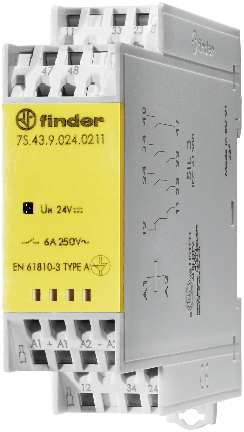 Relais de commutation AMD Finder 7S.43, 2F+1O(+1F) 6A/24VDC AgSnO2, SIL 3