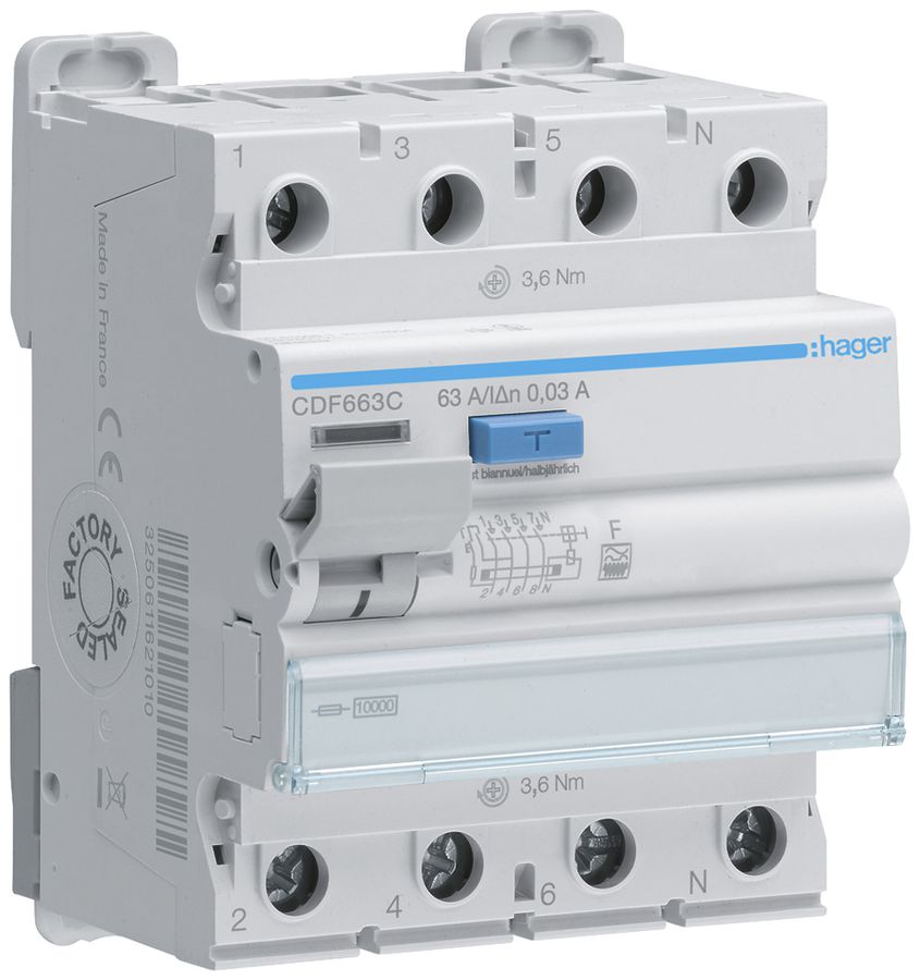 Interruttore differenziale Hager RCCB (RCD) 4P 400V 0.03A tipo F 63A 10kA 4UM
