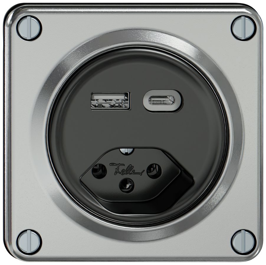 USB-Ladesteckdose ELEMENT 1×USB-A 1×USB-C 3000mA + 1×T13 aluminium