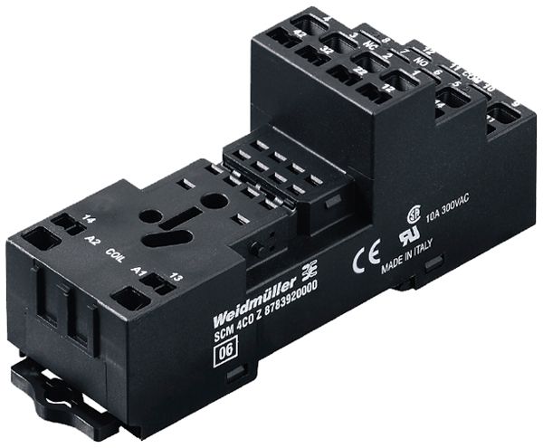 Base relè WM SCM 4CO Z DIN35 raccordo a molla 14 100.5×31×42.5mm