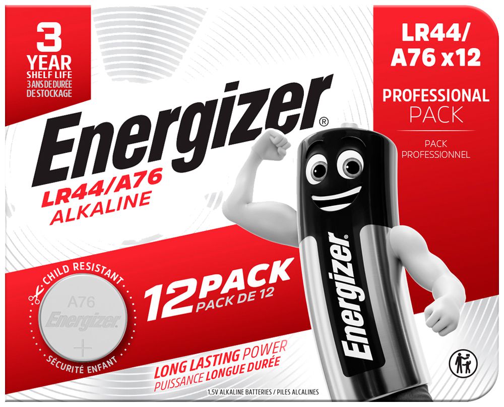 Knopfzelle Alkali Energizer LR44/A76, 1.5V, Box à 12 Stück