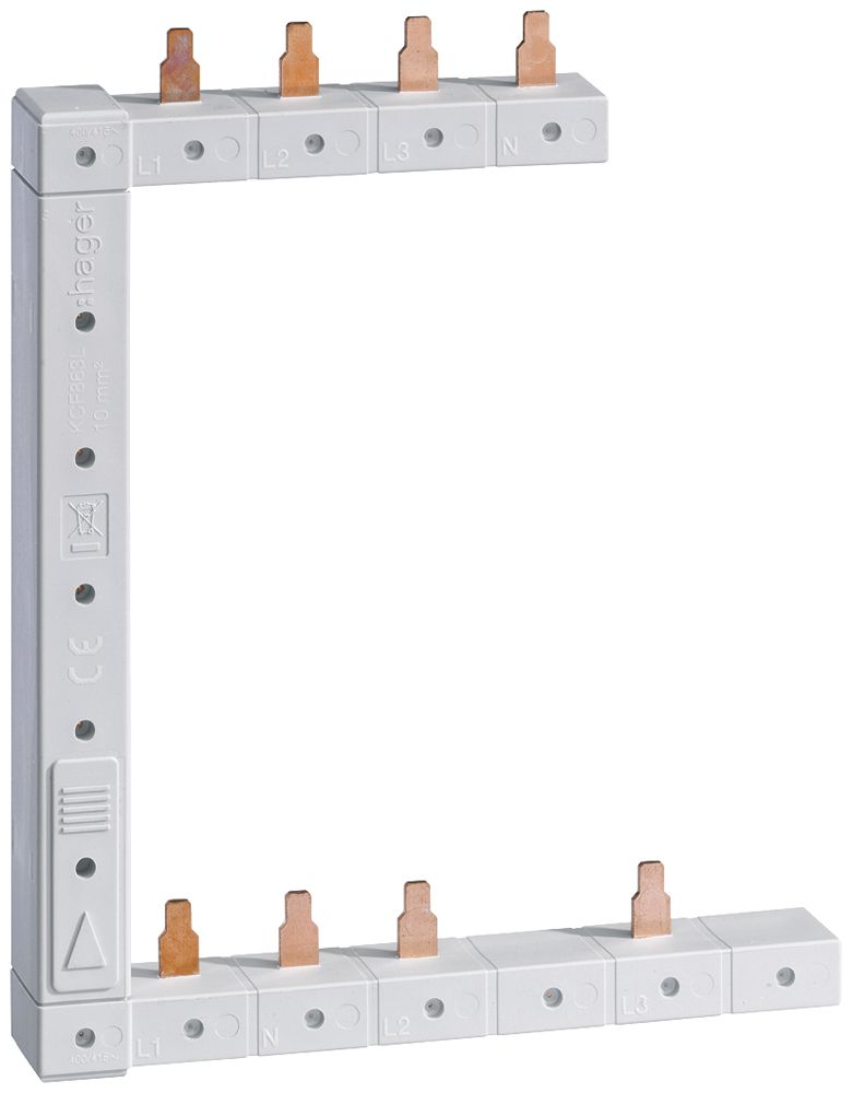 Kammschiene Hager 4P 3L Stift 10mm² 63A links L1L2L3N zu L1N-L2N-L3N weiss