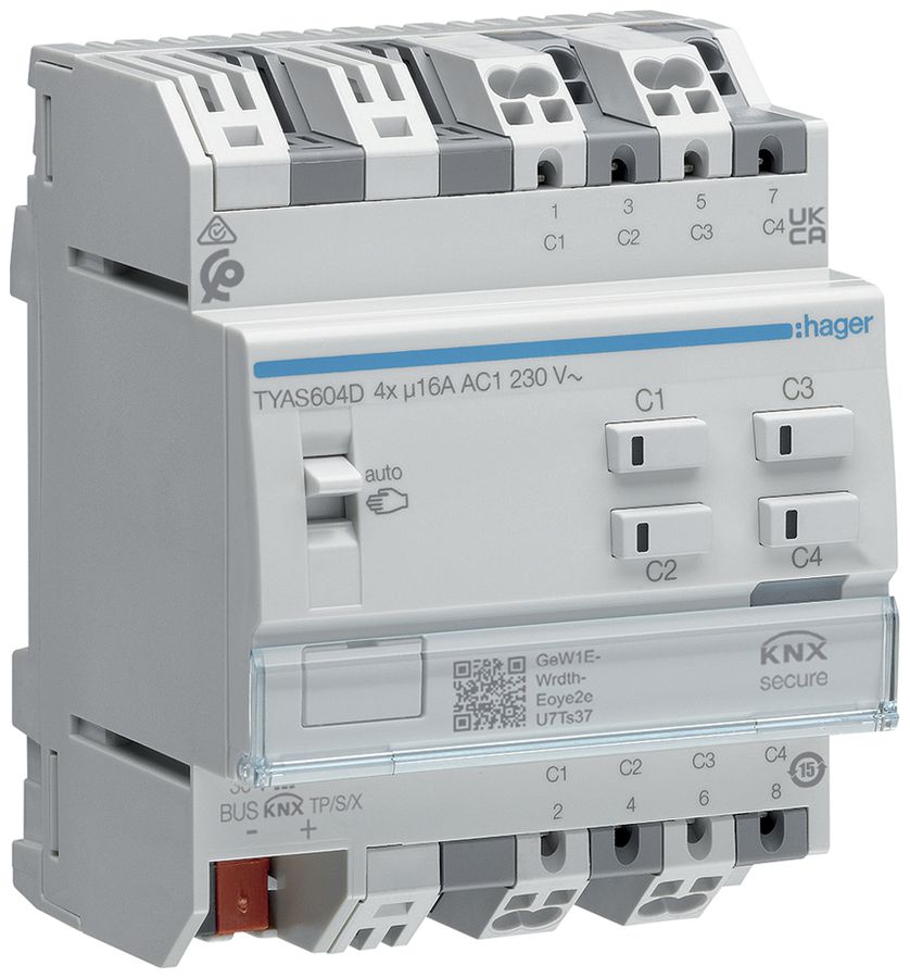 REG-Schaltaktor KNX Hager 4 Ausgänge 16A 2300W 195…253V IP20 4TE