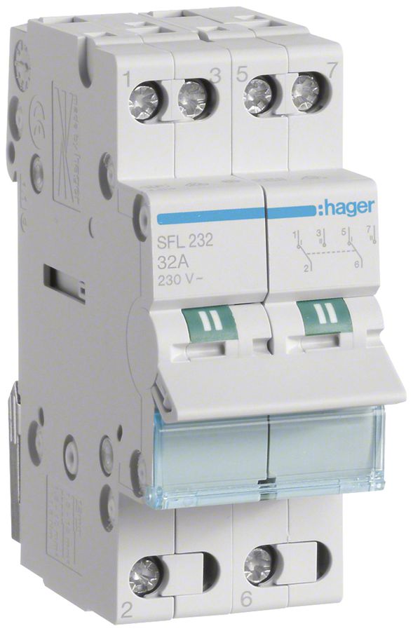 REG-Wechselschalter Hager SFL 32A 230V 0 Schliesser 0 Öffner 2 Wechsler 2TE