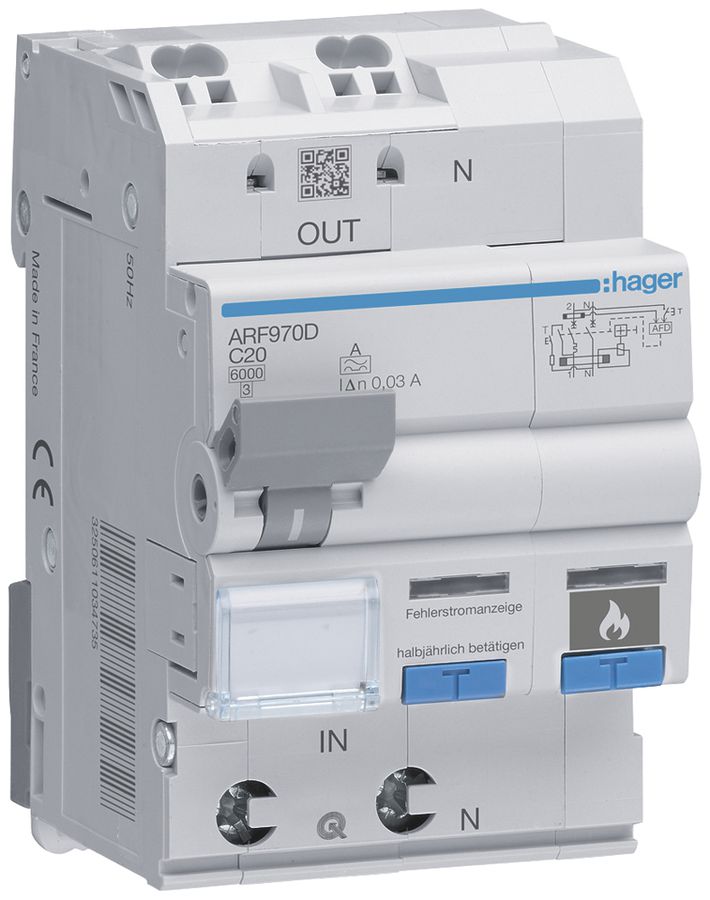 Brandschutzschalter Hager AFDD+FI/LS-Schalter, 1P+N 6kA C20A 30mA Typ A