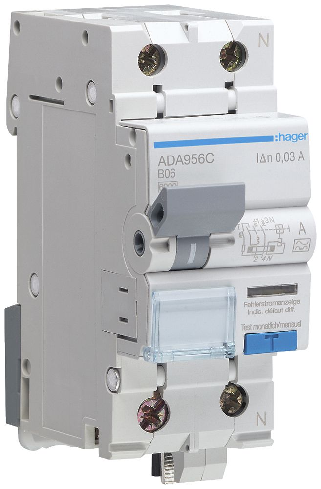 Disgiuntore differenziale Hager RCBO 2P 230V car.B 6A 0.03A tipo A 2UM