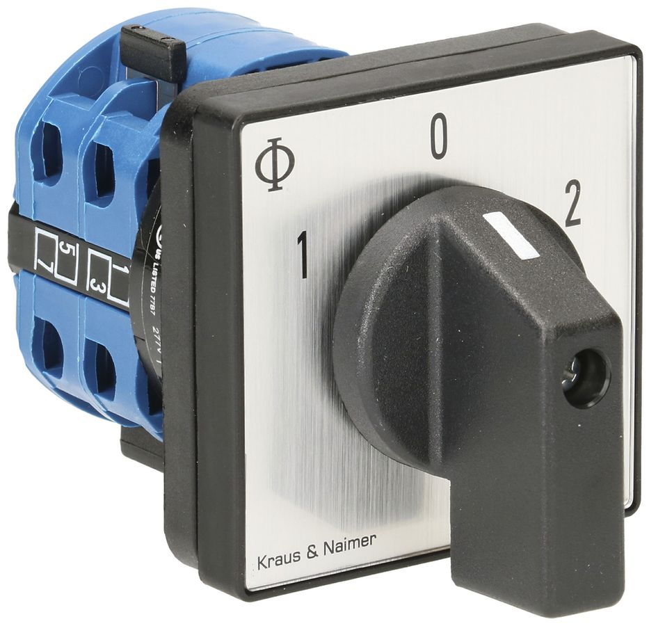 EB-Drehschalter K&N, 20A/690V 2L, Griff sz, 48×48mm, Ø6mm, "1-0-2"