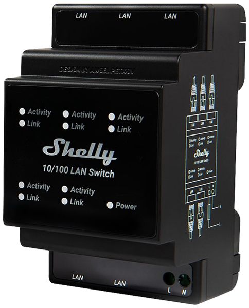 REG-Switch Shelly 10/100 LAN Switch 5×RJ45 FE 96×53×59mm 3TE